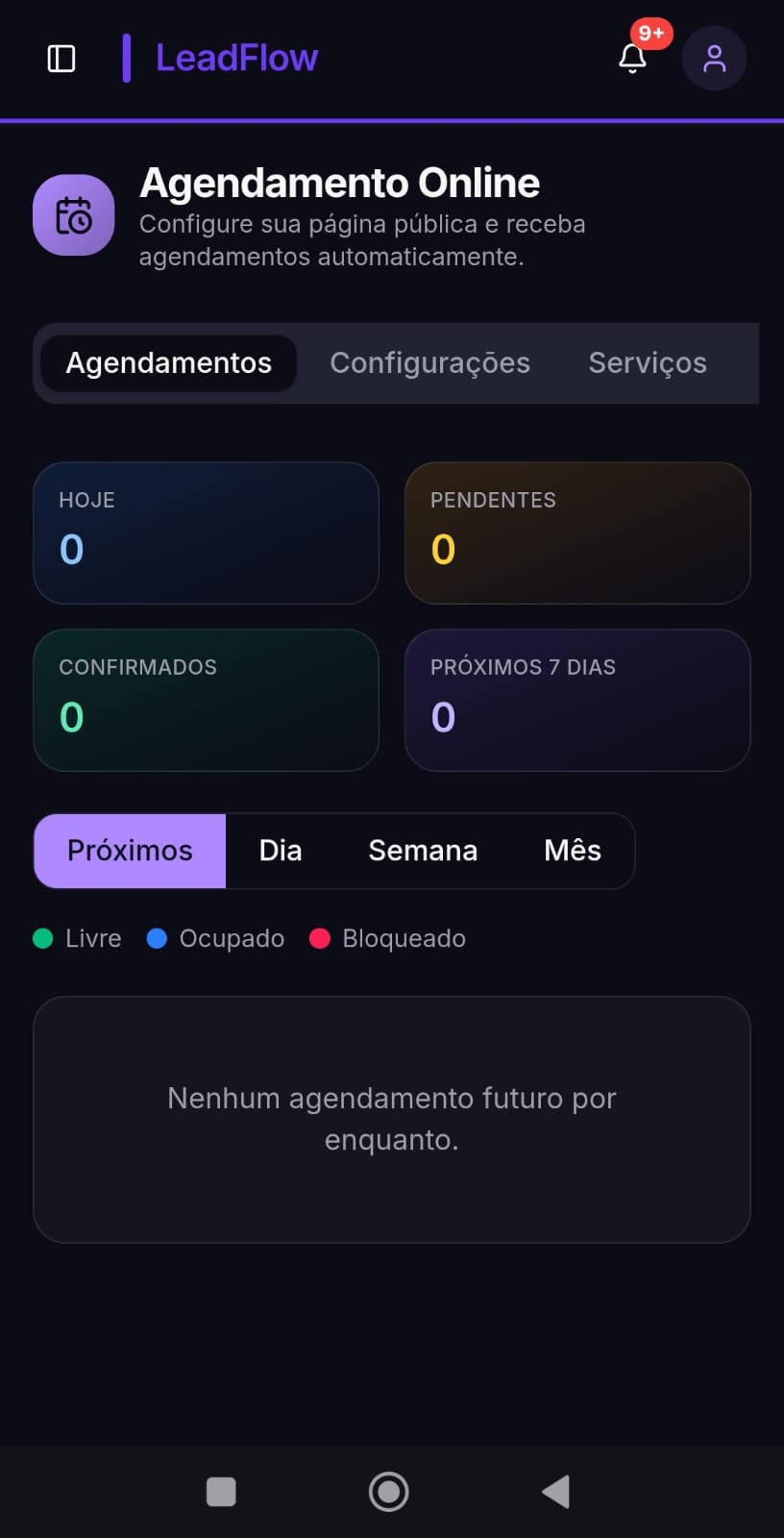 Interface de marcação online do LeadFlow num telemóvel