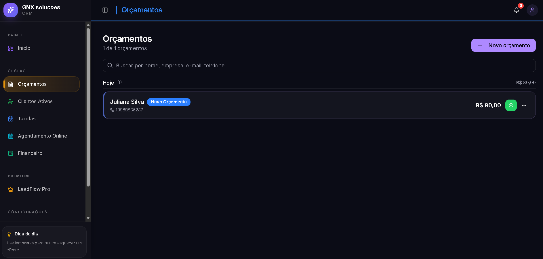 Tela de Orçamentos do LeadFlow com funil de vendas